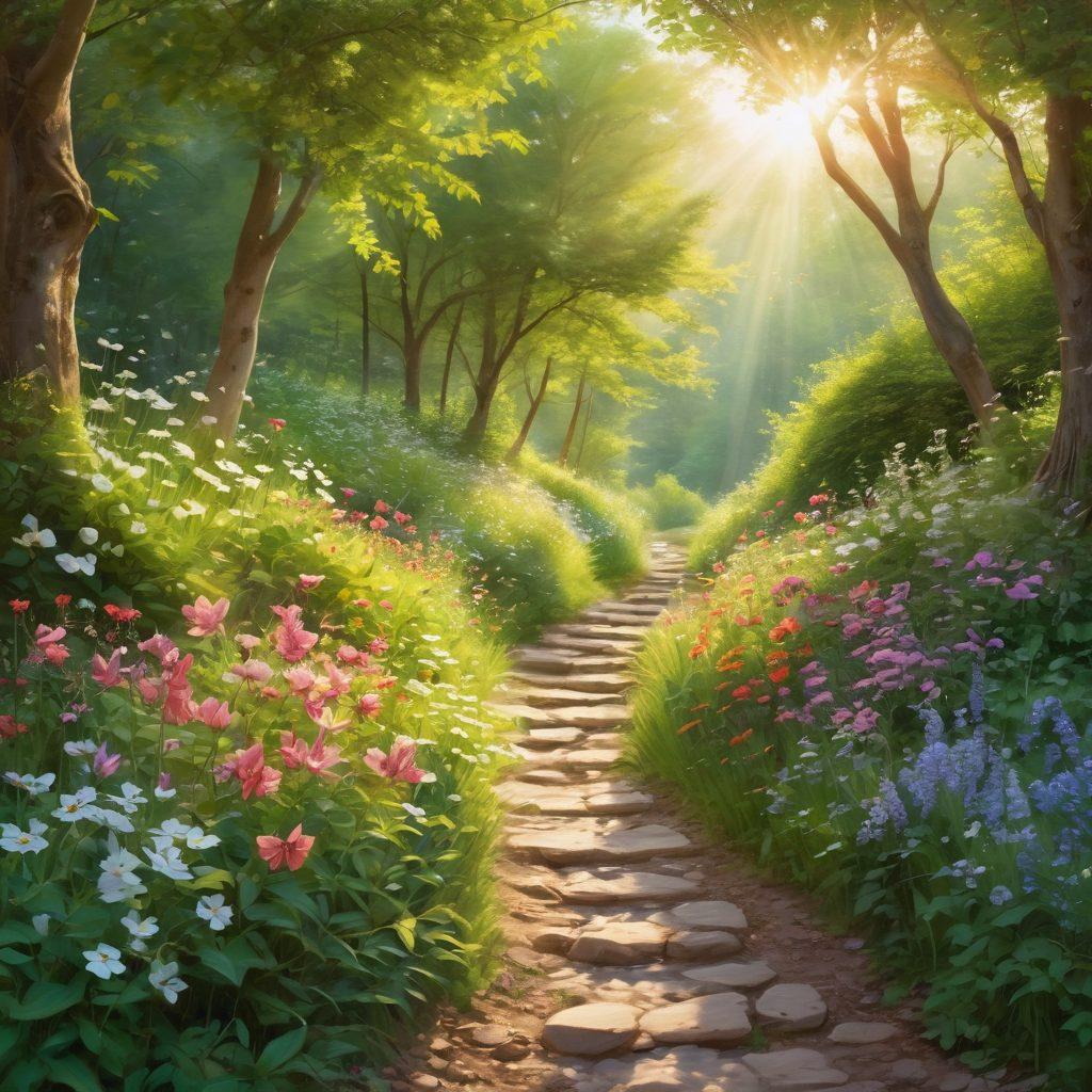 A serene pathway lined with blooming flowers leading to a radiant sunlit horizon, symbolizing joy and fulfillment. Ethereal butterflies fluttering above, and a gentle stream flowing nearby, reflecting vibrant hues of nature. People of diverse backgrounds walking joyfully, embodying happiness and unity. Soft light filters through lush green trees, adding a dreamlike quality. painting. vibrant colors. soft focus.