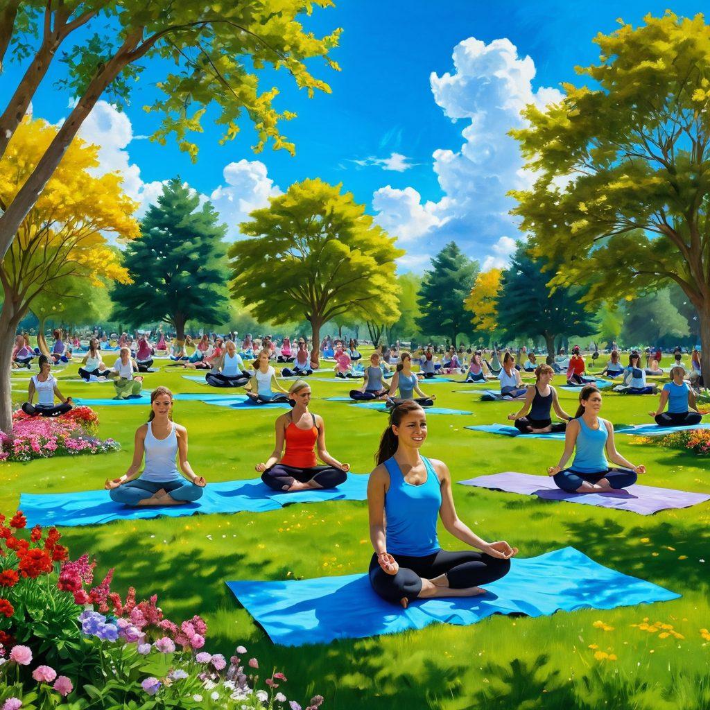 A serene landscape featuring a sunny, vibrant park filled with diverse people engaging in joyful activities like yoga, dancing, and painting. Bright flowers bloom all around, symbolizing positivity and growth. A clear blue sky with fluffy clouds enhances the cheerful atmosphere. The scene should radiate happiness and connection, inviting viewers to feel uplifted. super-realistic. vibrant colors. soft focus.