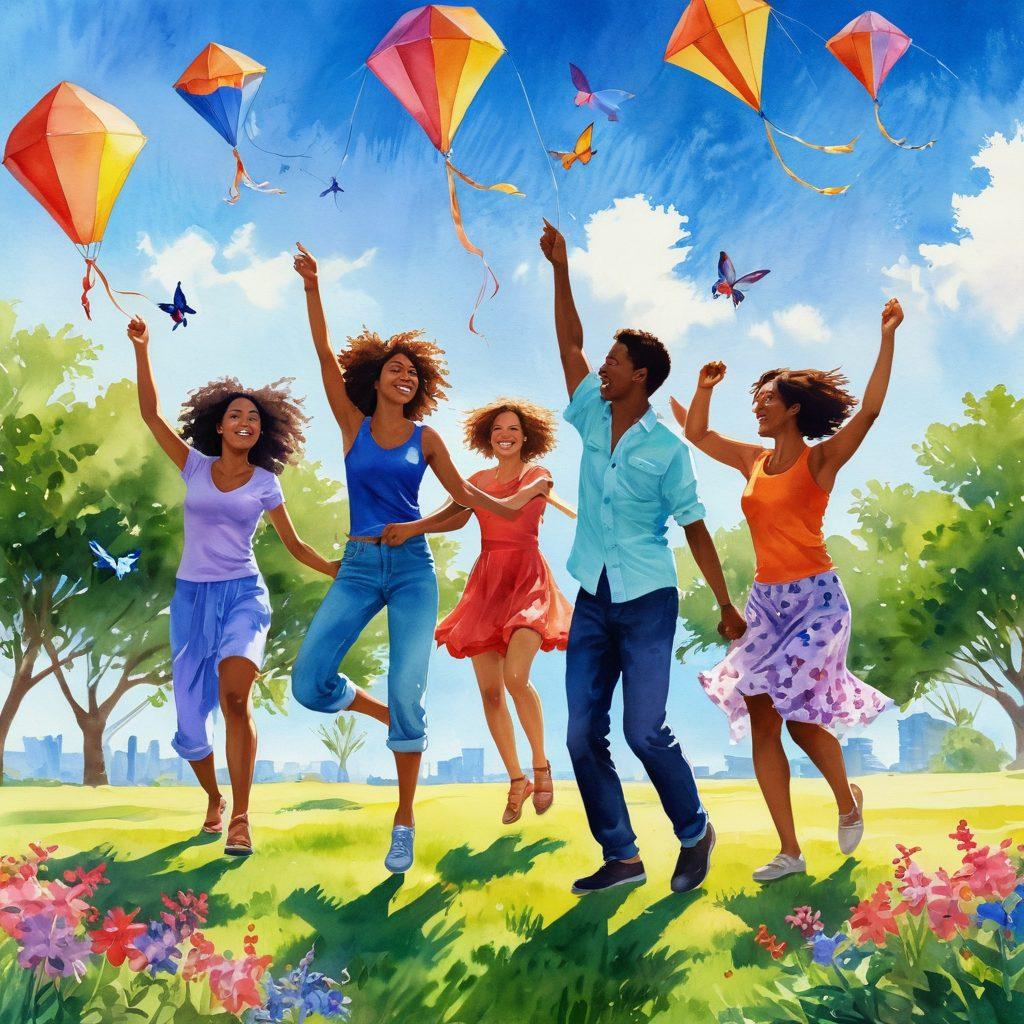 A bright, sunlit scene showcasing a diverse group of people joyfully engaging in various activities like dancing, laughing, and sharing experiences. Surround them with vibrant flowers, lush greenery, and colorful kites soaring in a clear blue sky to symbolize freedom and happiness. Include elements of nature like butterflies and birds to enhance the feeling of bliss. watercolor style. vibrant colors. uplifting atmosphere.